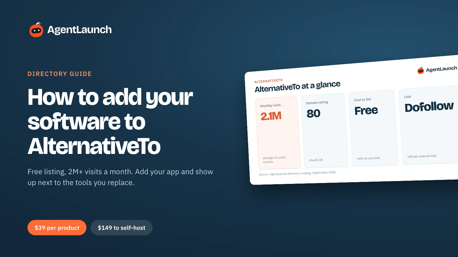 Guide cover: How to add your software to AlternativeTo, with AlternativeTo's traffic, domain rating and free listing