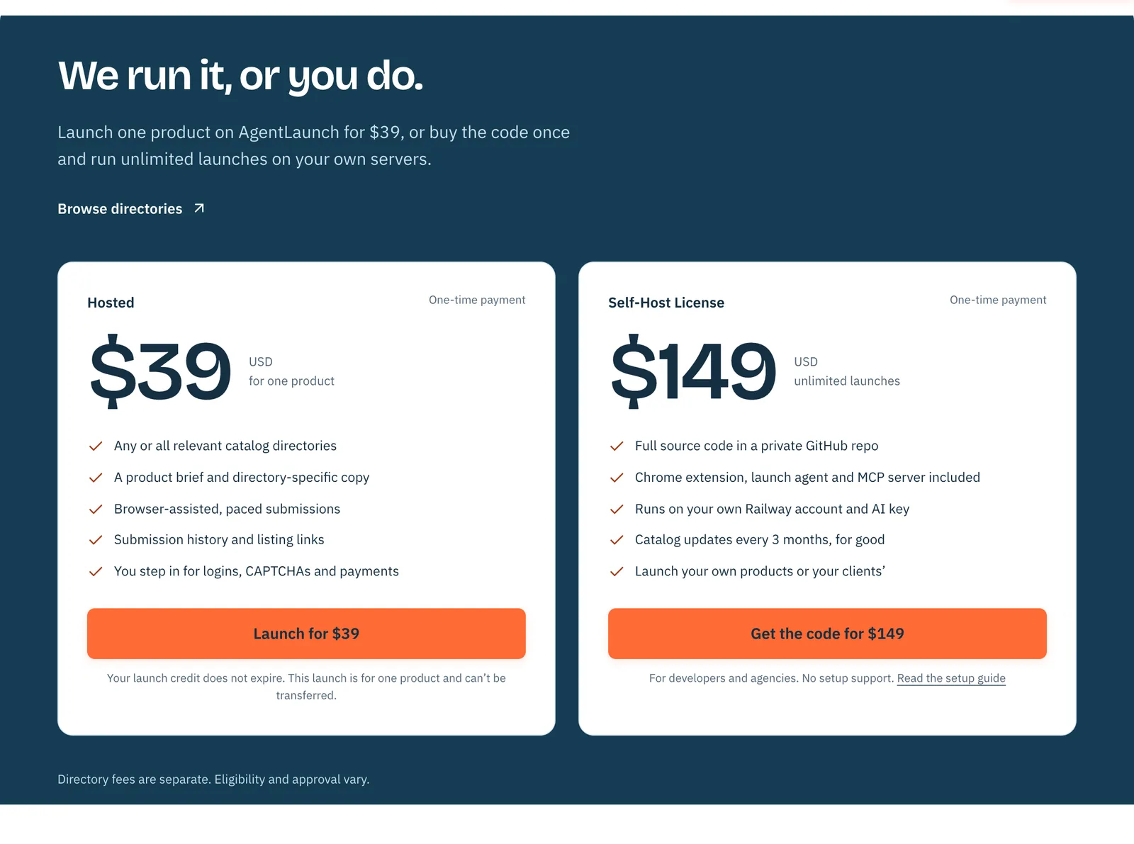 AgentLaunch pricing: Hosted at $39 per product and the Self-Host License at $149