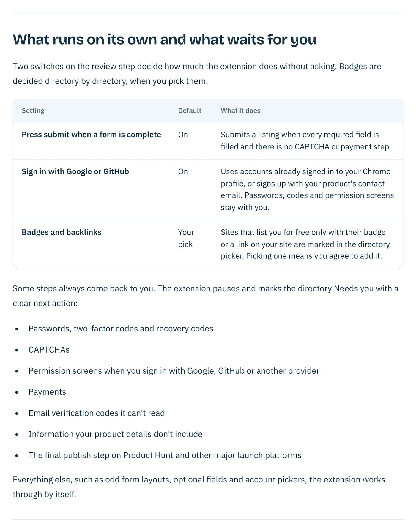 AgentLaunch settings for automatic submit, sign-in and badges, and the list of steps that wait for you
