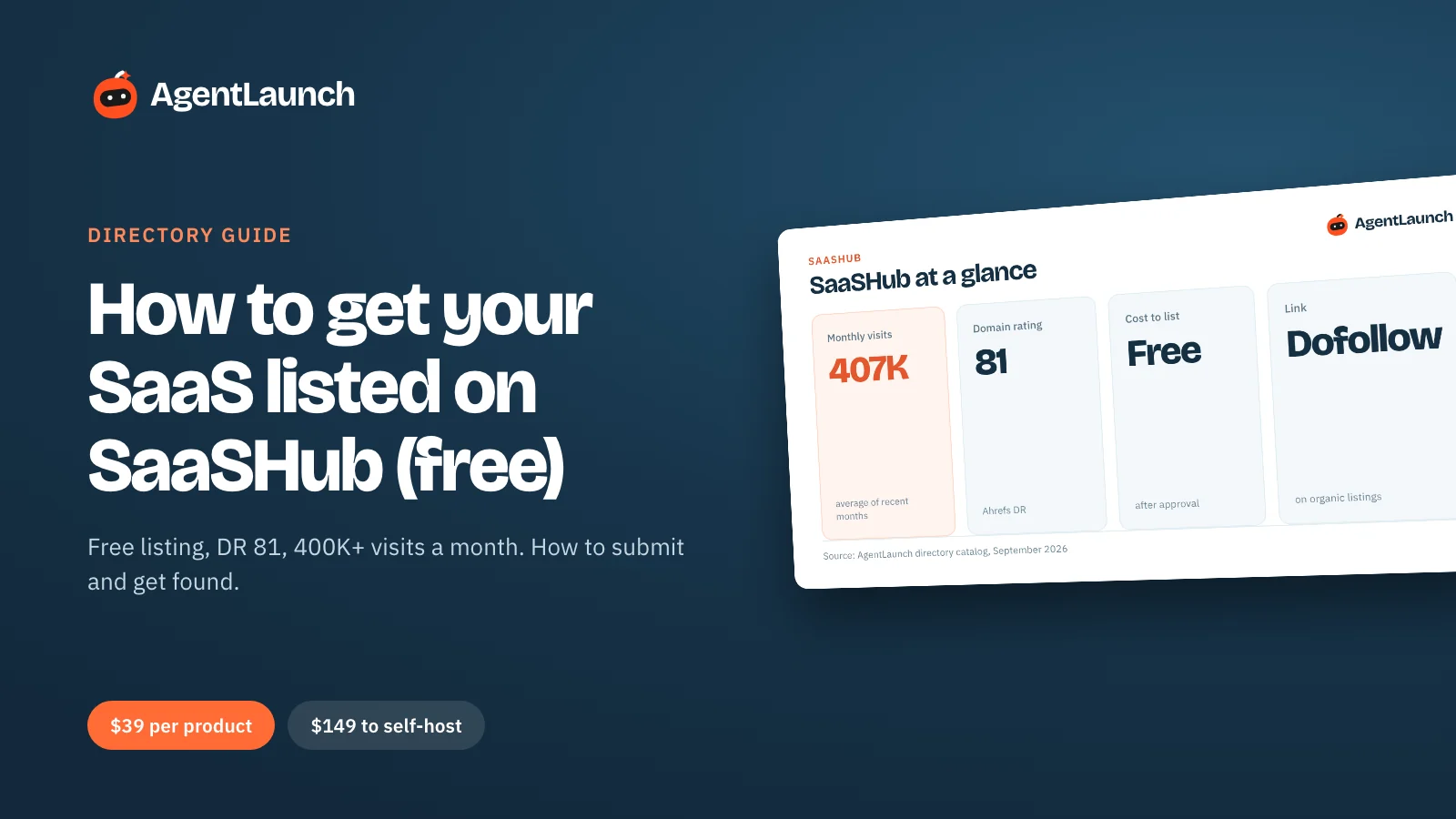 Guide cover: How to get your SaaS listed on SaaSHub, with SaaSHub's traffic, domain rating and free listing