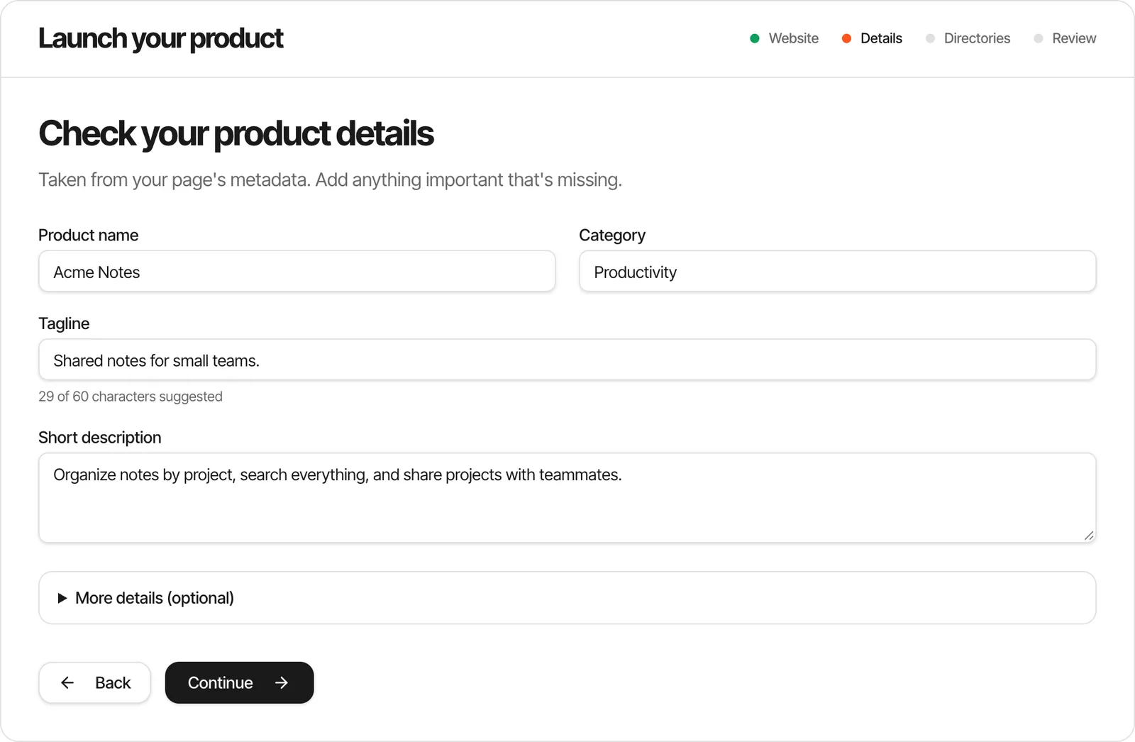 AgentLaunch product brief with name, tagline, descriptions, category, pricing and tech stack fields