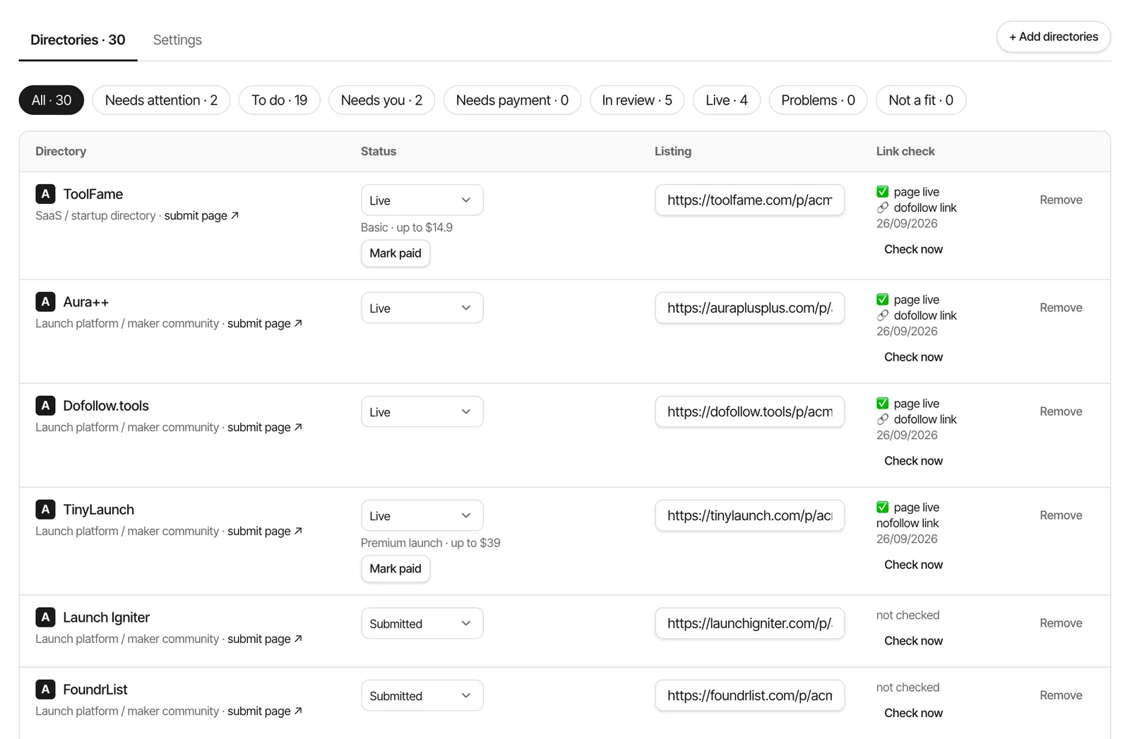 AgentLaunch directory list with live, submitted and in-review listings, each with its public URL and link check